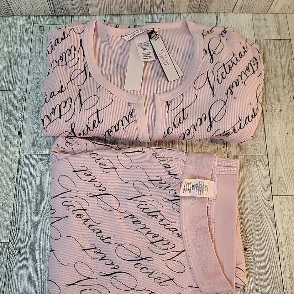 XS Short VICTORIA'S SECRET Thermal Long Pajama 2 Pc Pretty Blossom Pink Script